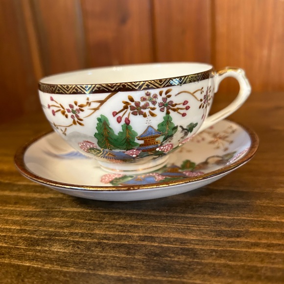 Antique Dining Vintage Geisha In Bottom Cup Moriage Hand Painted